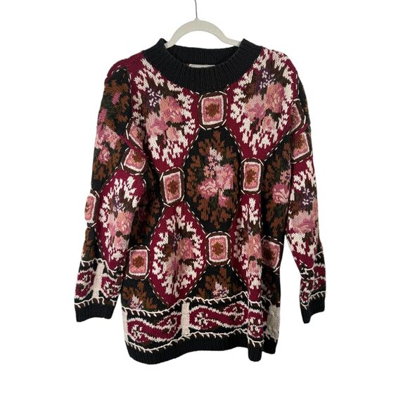 Express Tricot Vintage Sweater Floral Patchwork Cottage Chunky Womens Medium - Picture 1 of 5